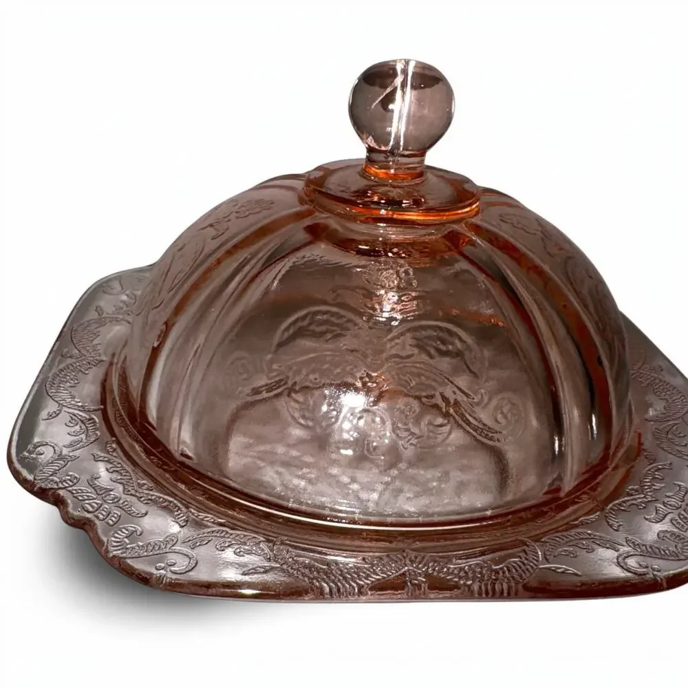 Pink Glass Covered Butter Dish | Vintage Style Floral Etched Serving Dish
